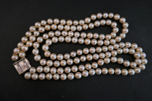 Collier 2 Rangs De Perles De Culture, Diamants Baguettes, Or Blanc 18 Carats