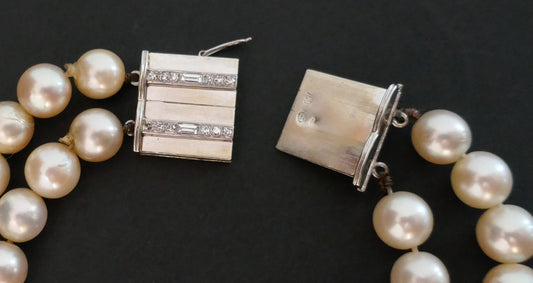 Collier 2 Rangs De Perles De Culture, Diamants Baguettes, Or Blanc 18 Carats