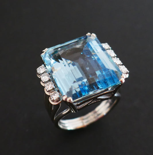 Bague Art Déco Aigue Marine certifiée, Diamants