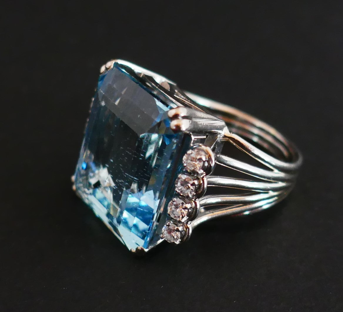 Bague Art Déco Aigue Marine certifiée, Diamants