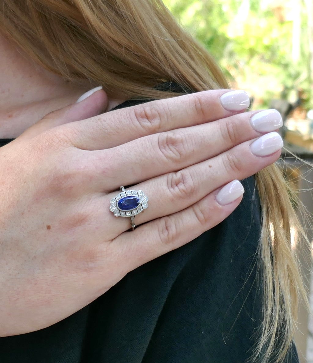 Bague Art Déco Saphir Naturel Non Chauffé Et Diamants, Certificat.