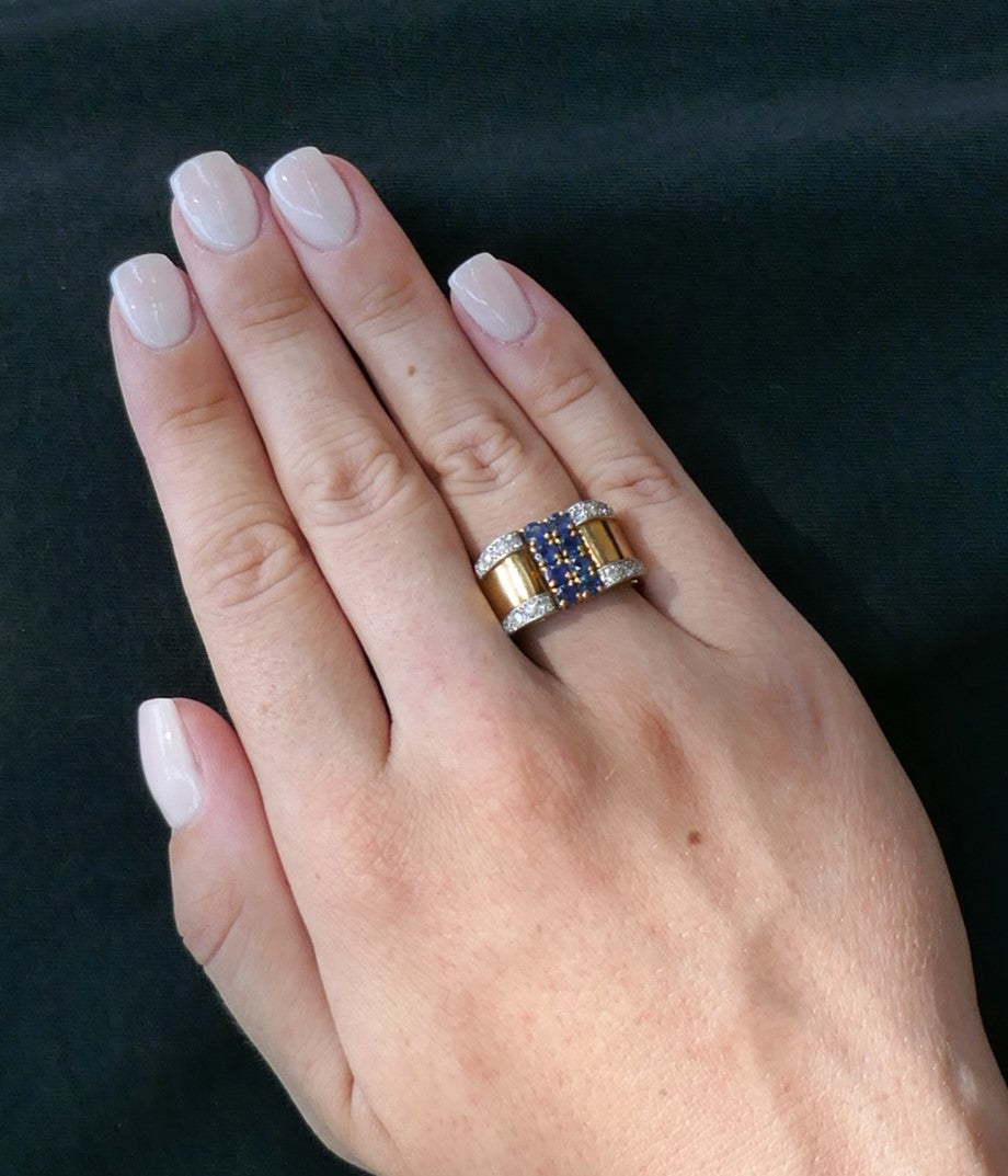 Bague Tank Saphirs Et Diamants, Or 18 Carats