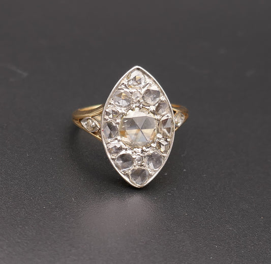 Importante Bague Marquise Diamants Taille Rose, Or Et Platine.
