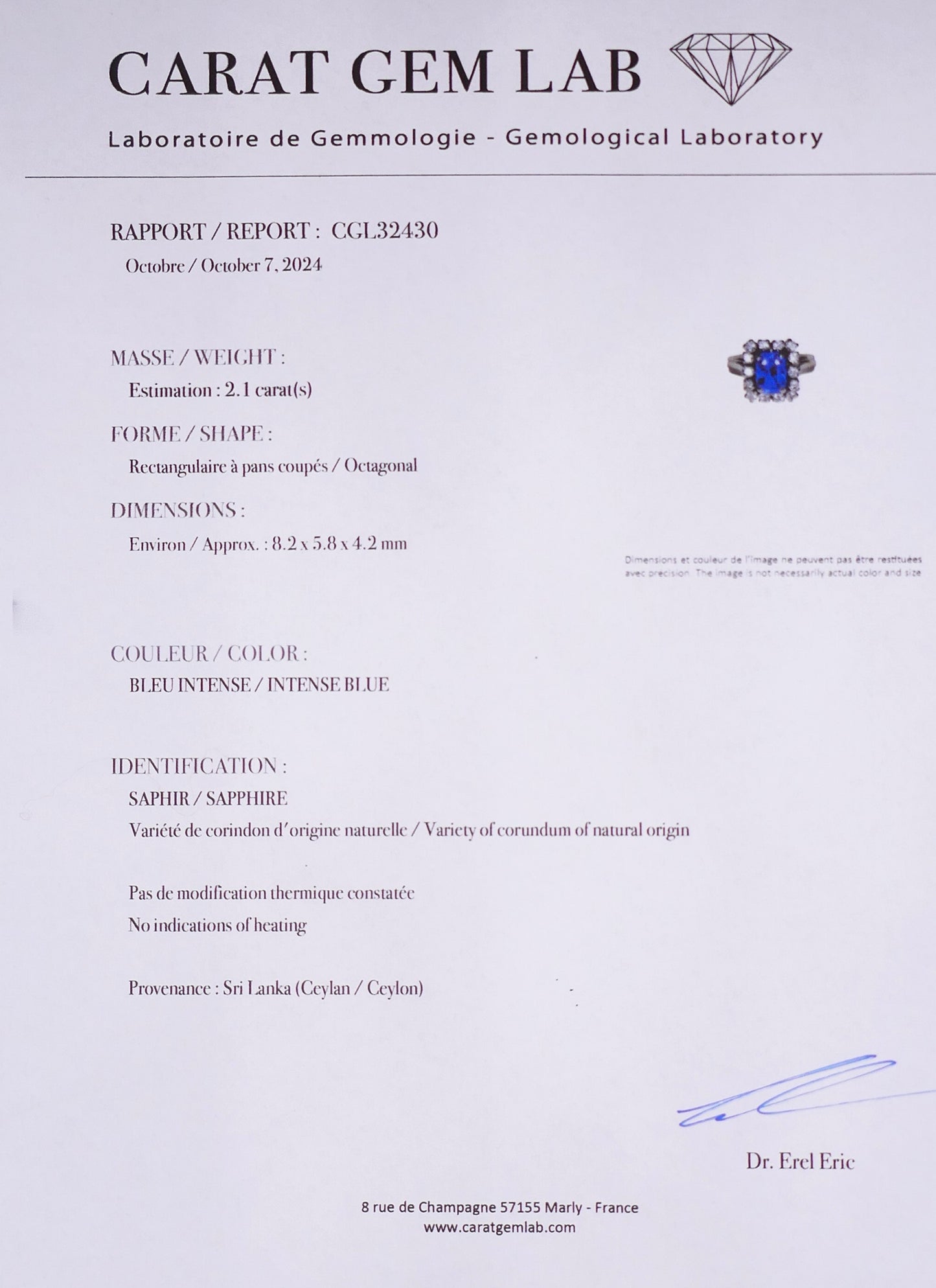 Bague saphir de Ceylan naturel non chauffé et diamants. or et platine. Certificat