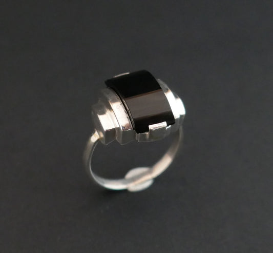 Bague En Argent, Art Déco, Pierre Noire