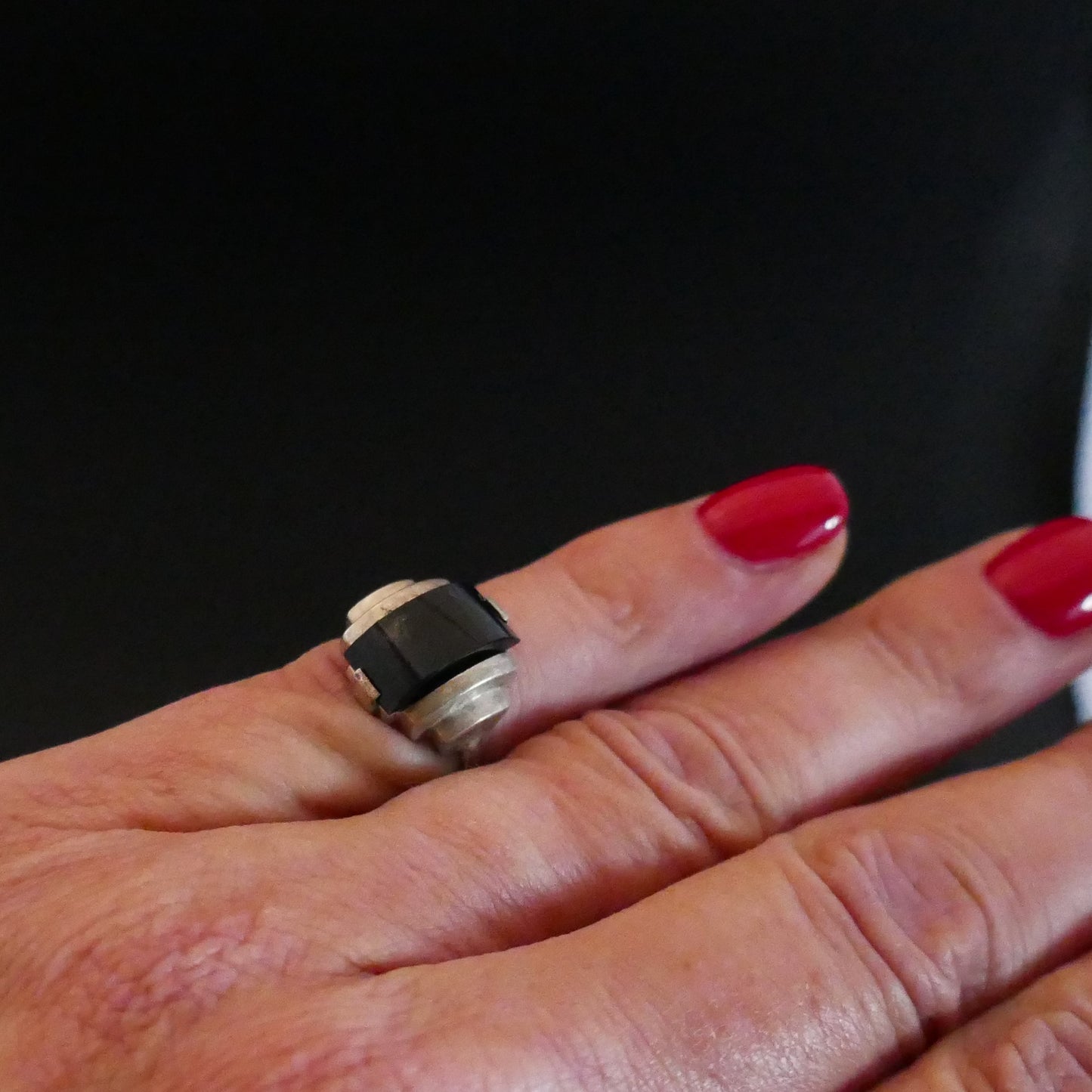 Bague En Argent, Art Déco, Pierre Noire