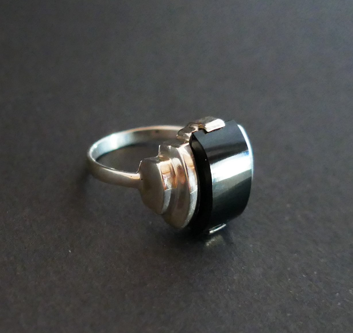 Bague En Argent, Art Déco, Pierre Noire