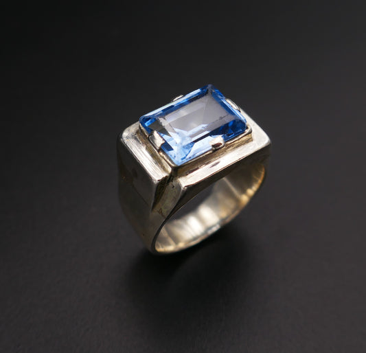 Bague Art Déco En Argent Et Spinelle Bleu