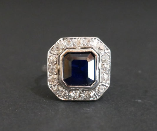 Bague Art Déco Saphir Et Diamants, Monture En Platine