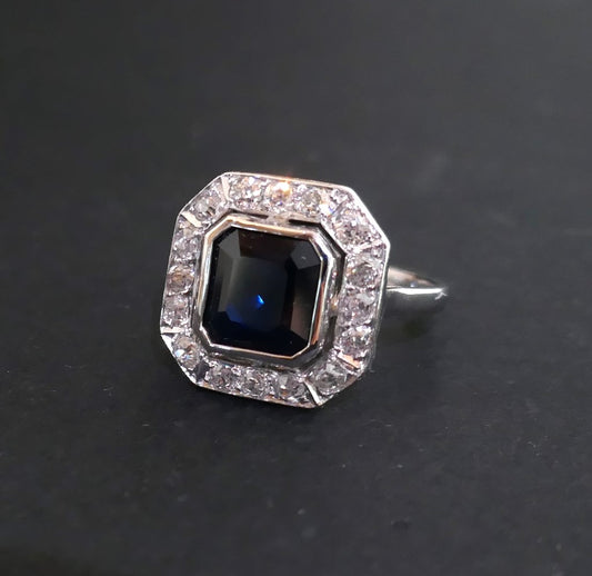 Bague Art Déco Saphir Et Diamants, Monture En Platine