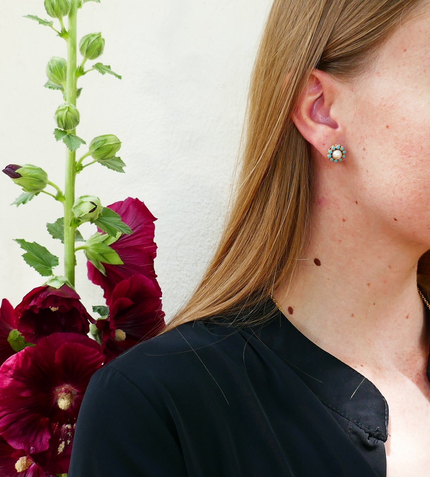Boucles d'Oreilles Perles Et Turquoises, Or 18 Carats