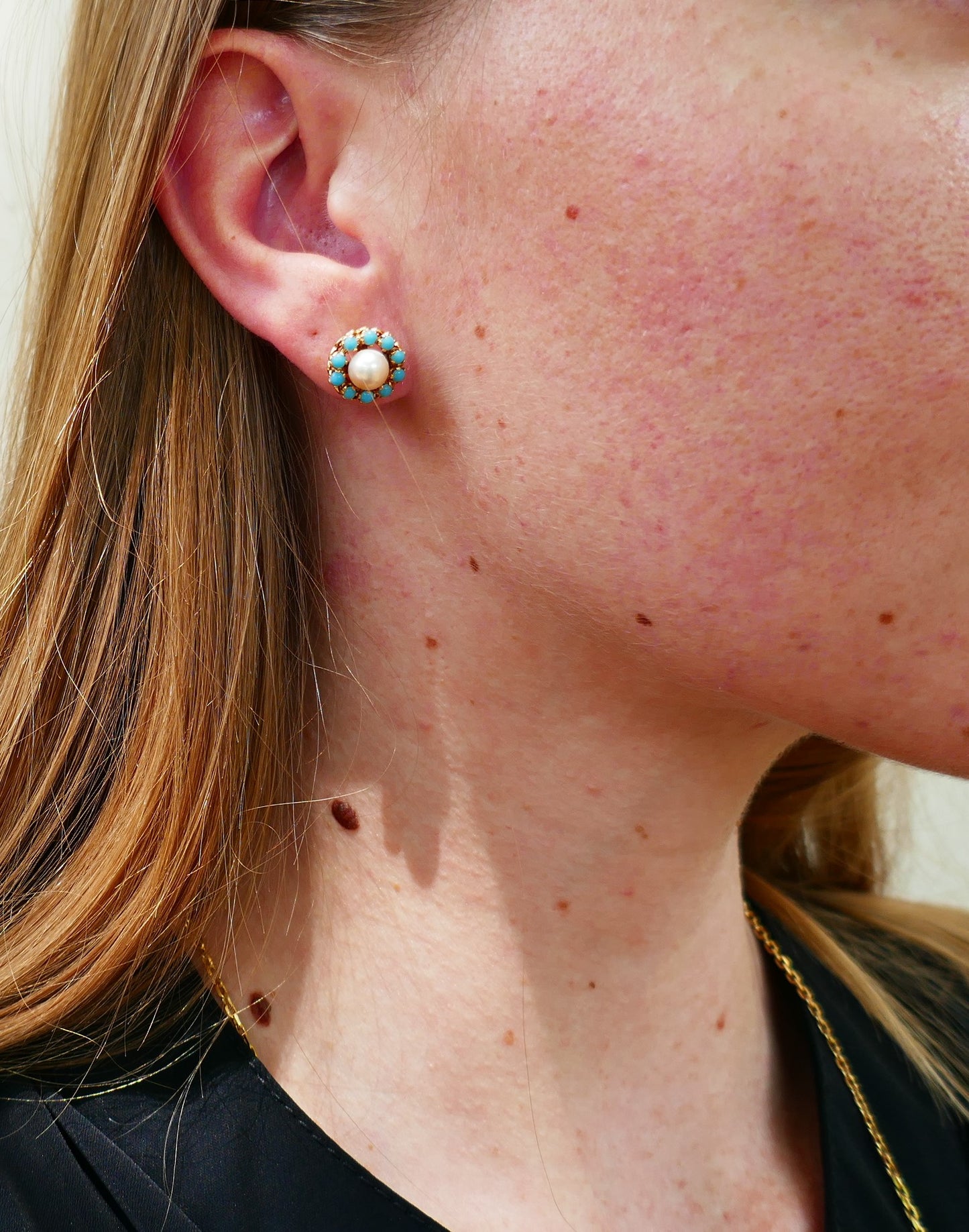 Boucles d'Oreilles Perles Et Turquoises, Or 18 Carats