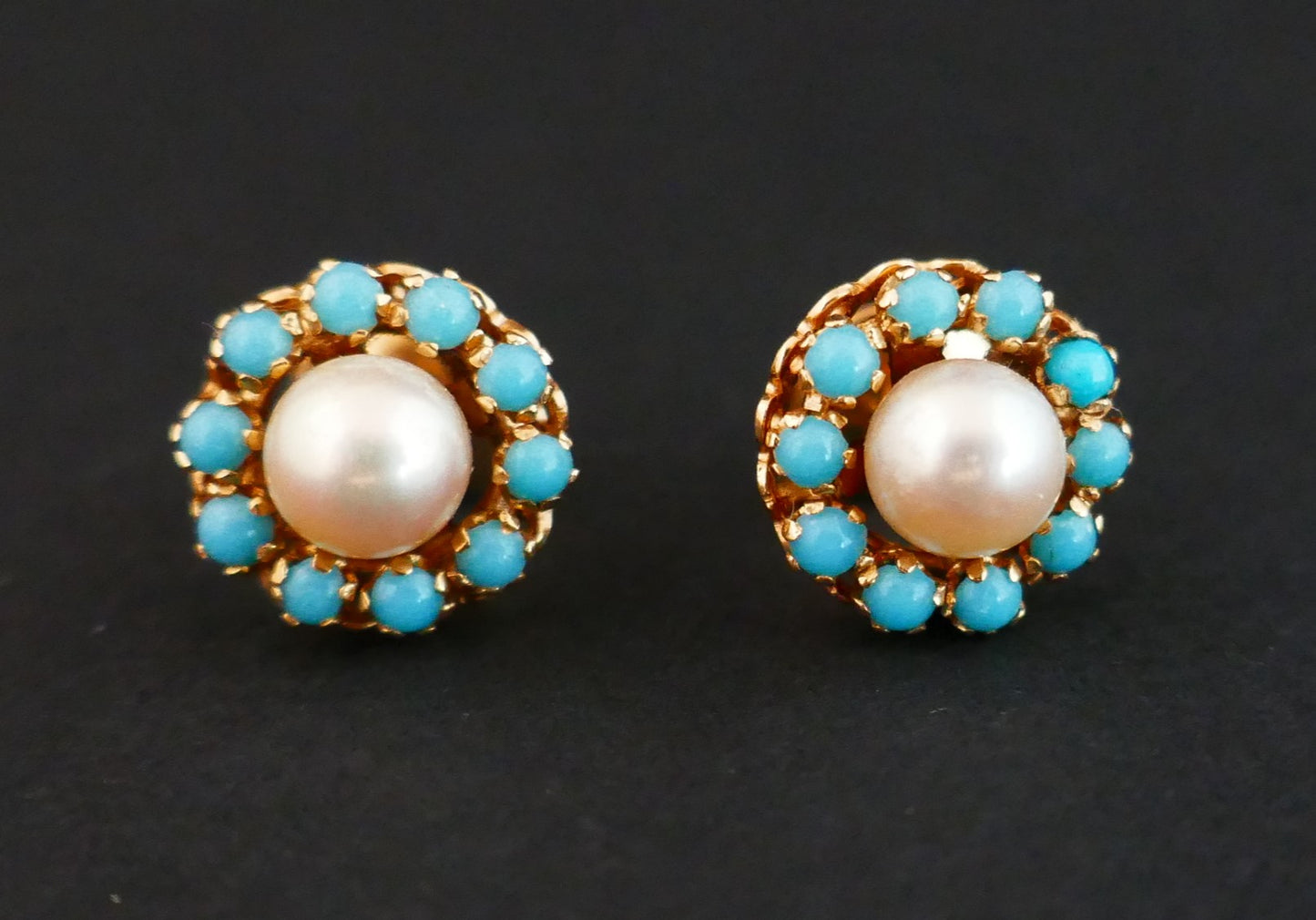 Boucles d'Oreilles Perles Et Turquoises, Or 18 Carats