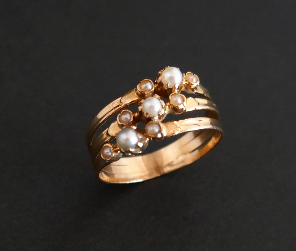 Bague Perles Fines, Or 18 Carats, Poinçon Tête De Cheval