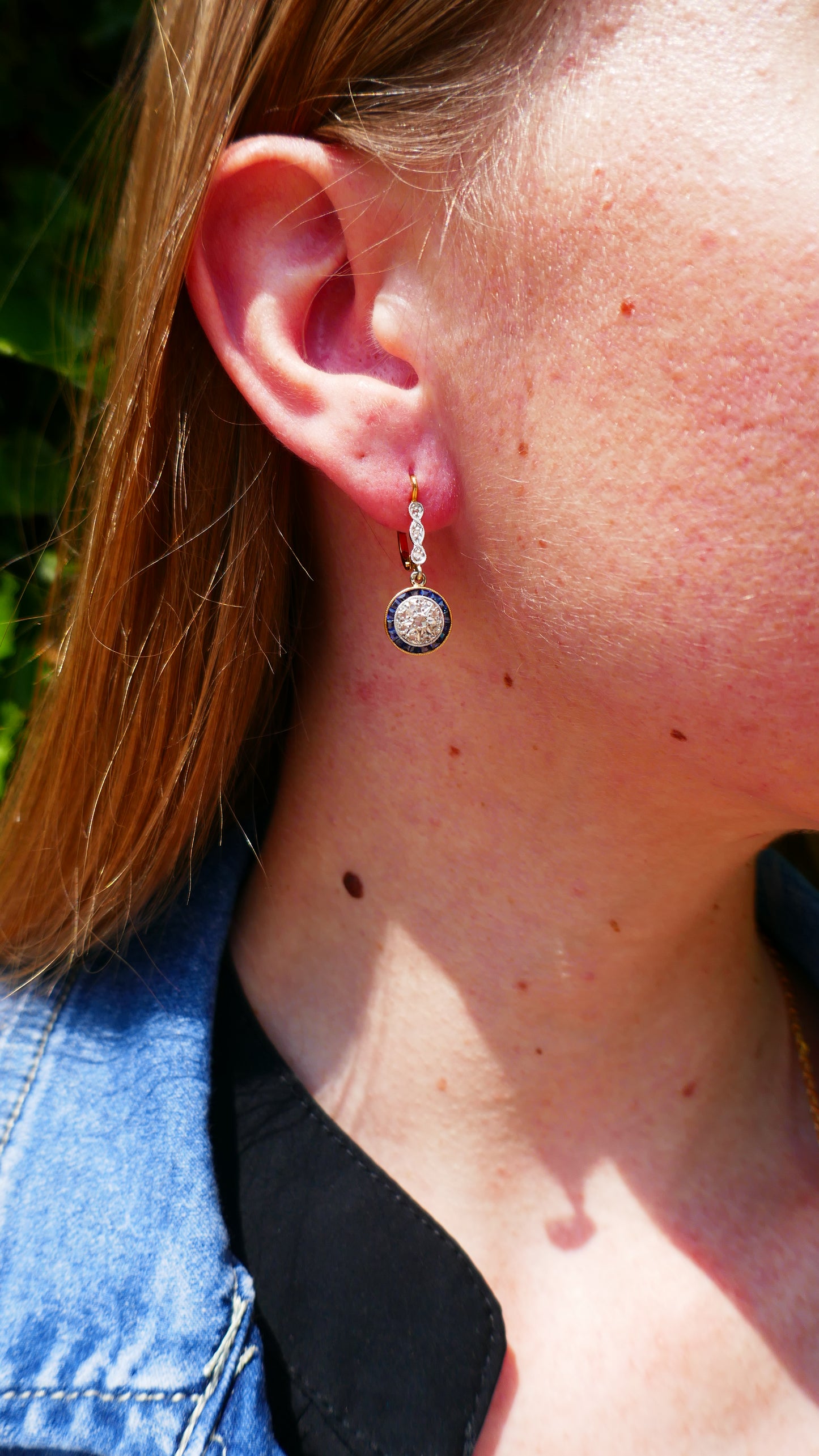 Boucles d'Oreilles Art Déco Diamants Et Saphirs Calibrés