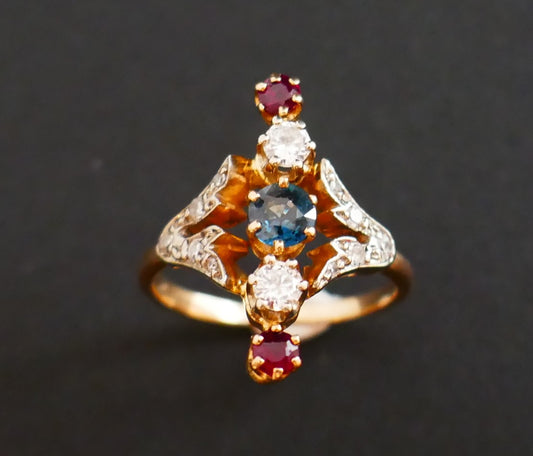 Bague Marquise Diamants, Saphirs Et Rubis