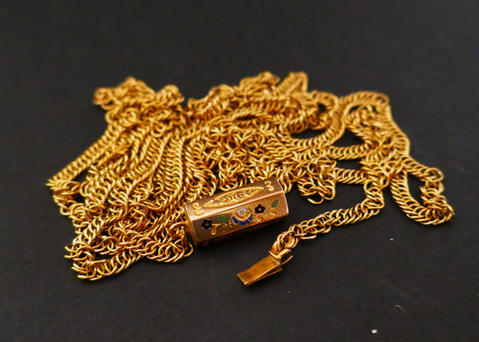 Sautoir Ancien 1,20 Mètre, Fermoir Tonneau émaillé, XIXème Siècle