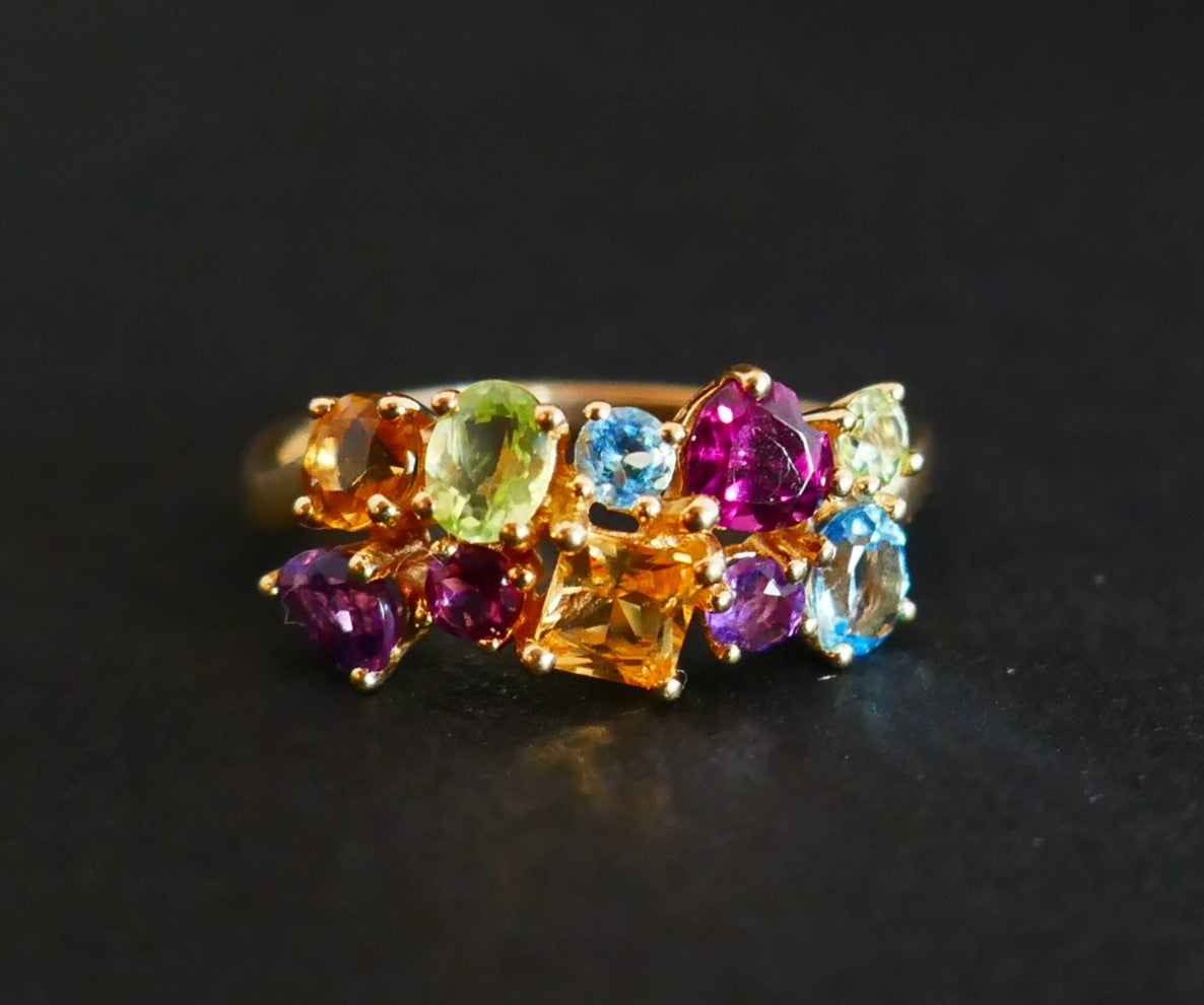 Bague Sertie De Pierres Fines, Améthystes, Citrines, Topaze, Tourmalines