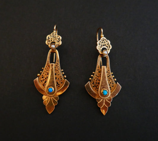 Boucles d'Oreilles Napoléon III En Or Rose, Perles Et Turquoises