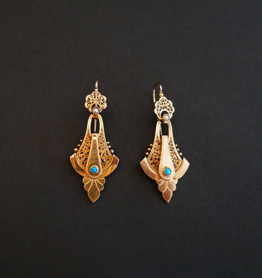 Boucles d'Oreilles Napoléon III En Or Rose, Perles Et Turquoises