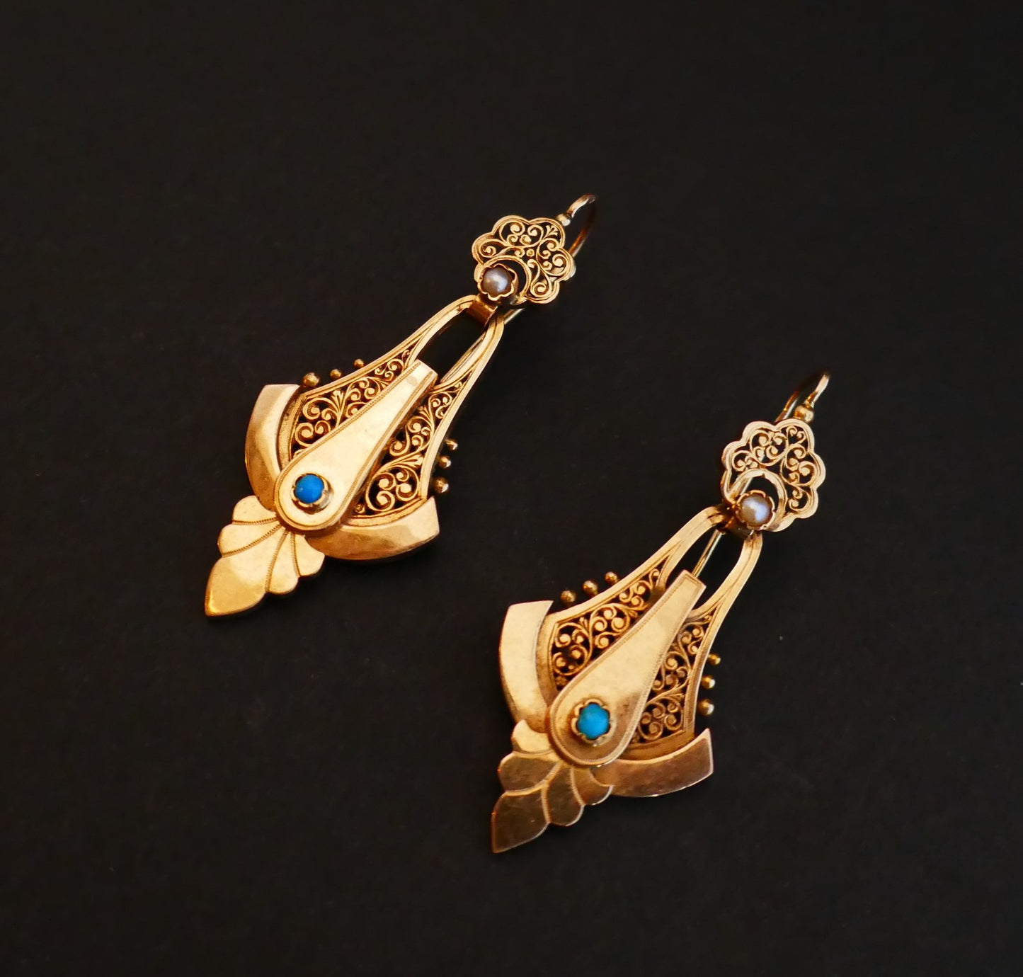 Boucles d'Oreilles Napoléon III En Or Rose, Perles Et Turquoises