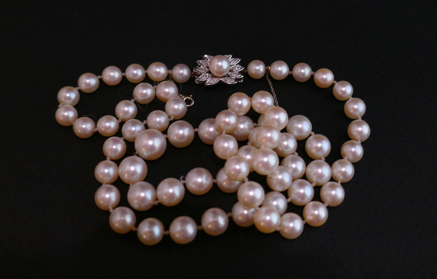 Collier De Perles De Culture, Fermoir Or Blanc 18 Carats, Perle Et Diamants