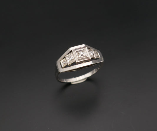 Bague Art Déco Ornée De 5 Diamants, Or 18 Carats Et Platine