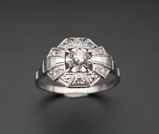 Bague Art Déco Diamant Taille Ancienne, Or 18 Carats.