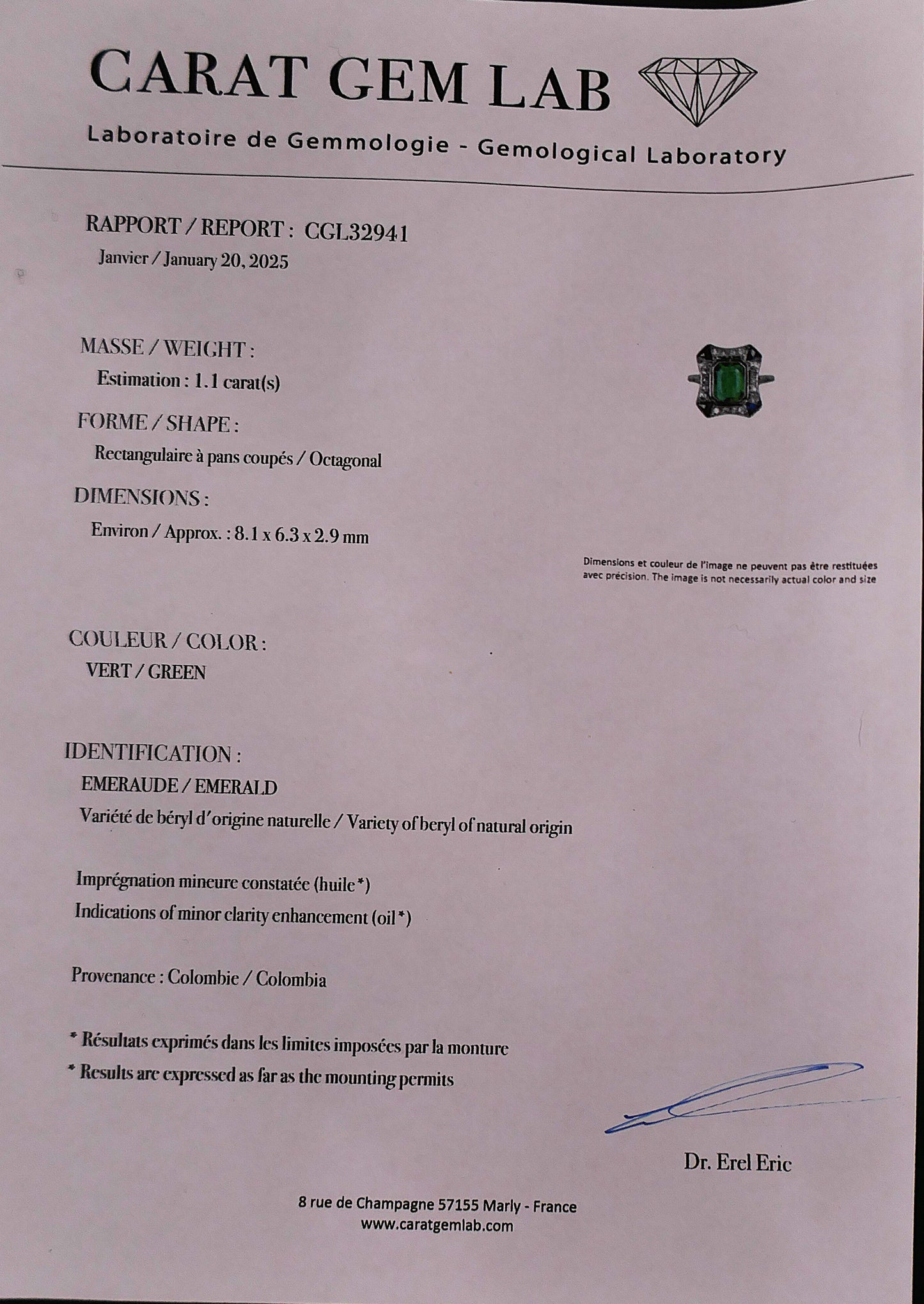 Bague Art Déco Ornée d'Une émeraude De Colombie (certificat), Platine.