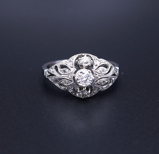 Bague Art Déco 3 Diamants, Monture Or Et Platine.