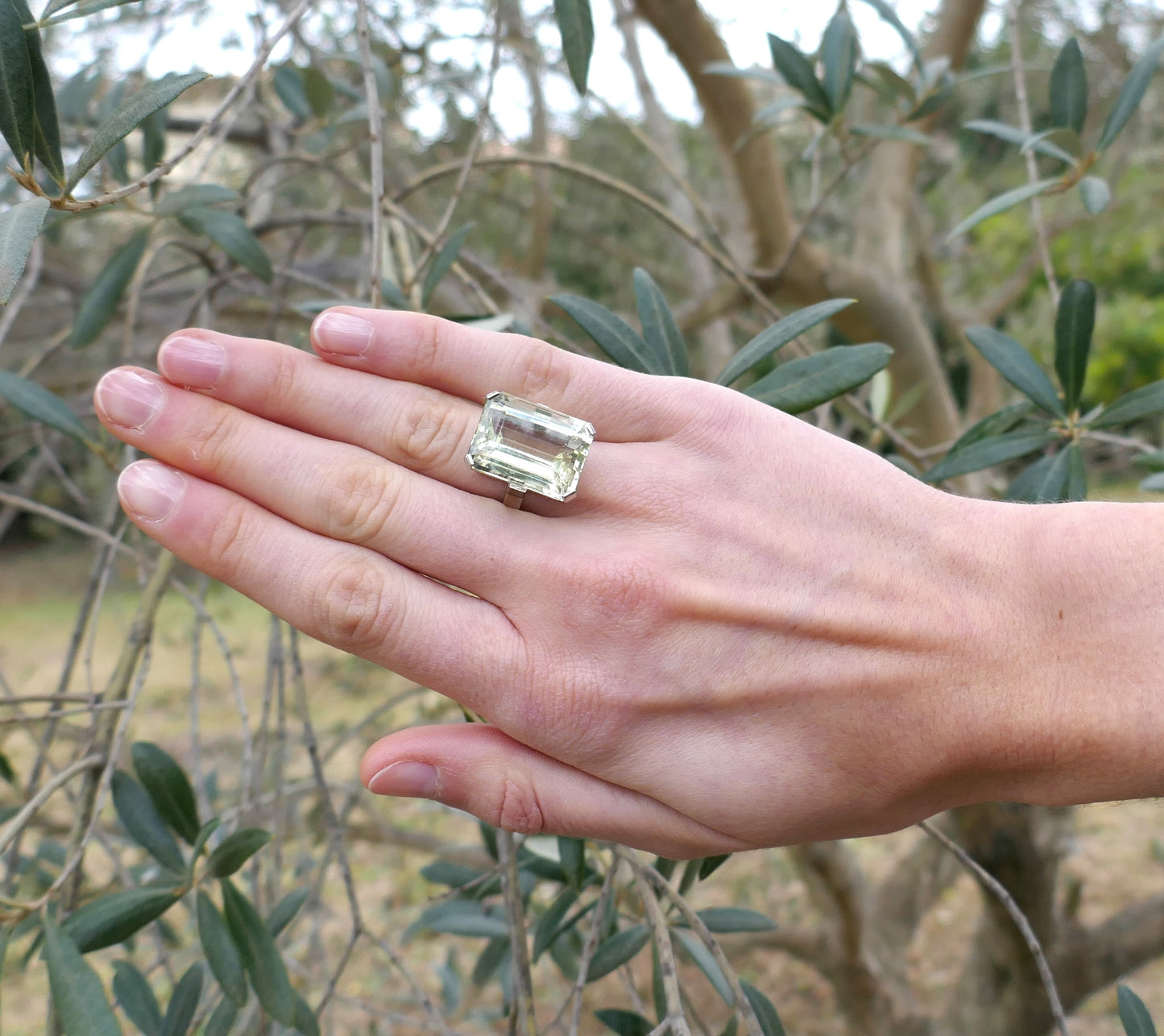 Bague Sertie d'Un Béryl (23,26 carats) Taille émeraude, Or Blanc 18 Carats.
