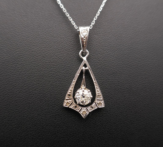Pendentif Art Déco Diamant 0,53 Ct Or Et Platine, Chaîne En Or.