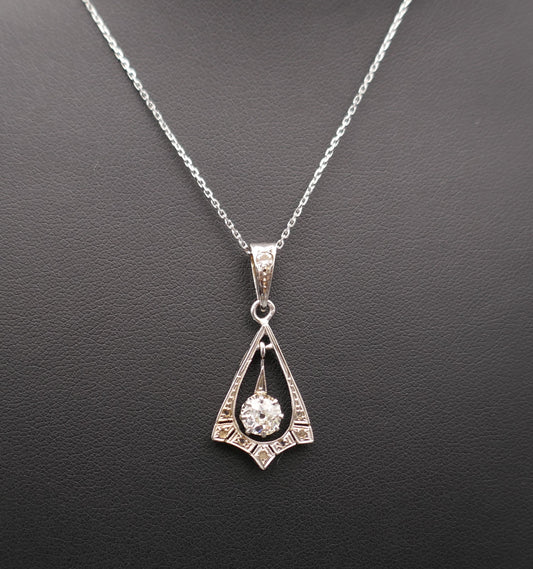 Pendentif Art Déco Diamant 0,53 Ct Or Et Platine, Chaîne En Or.