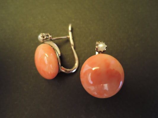 Importante Paire De Boucles d'Oreilles Corail Peau d'Ange Et Perle
