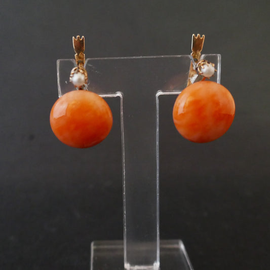 Importante Paire De Boucles d'Oreilles Corail Peau d'Ange Et Perle
