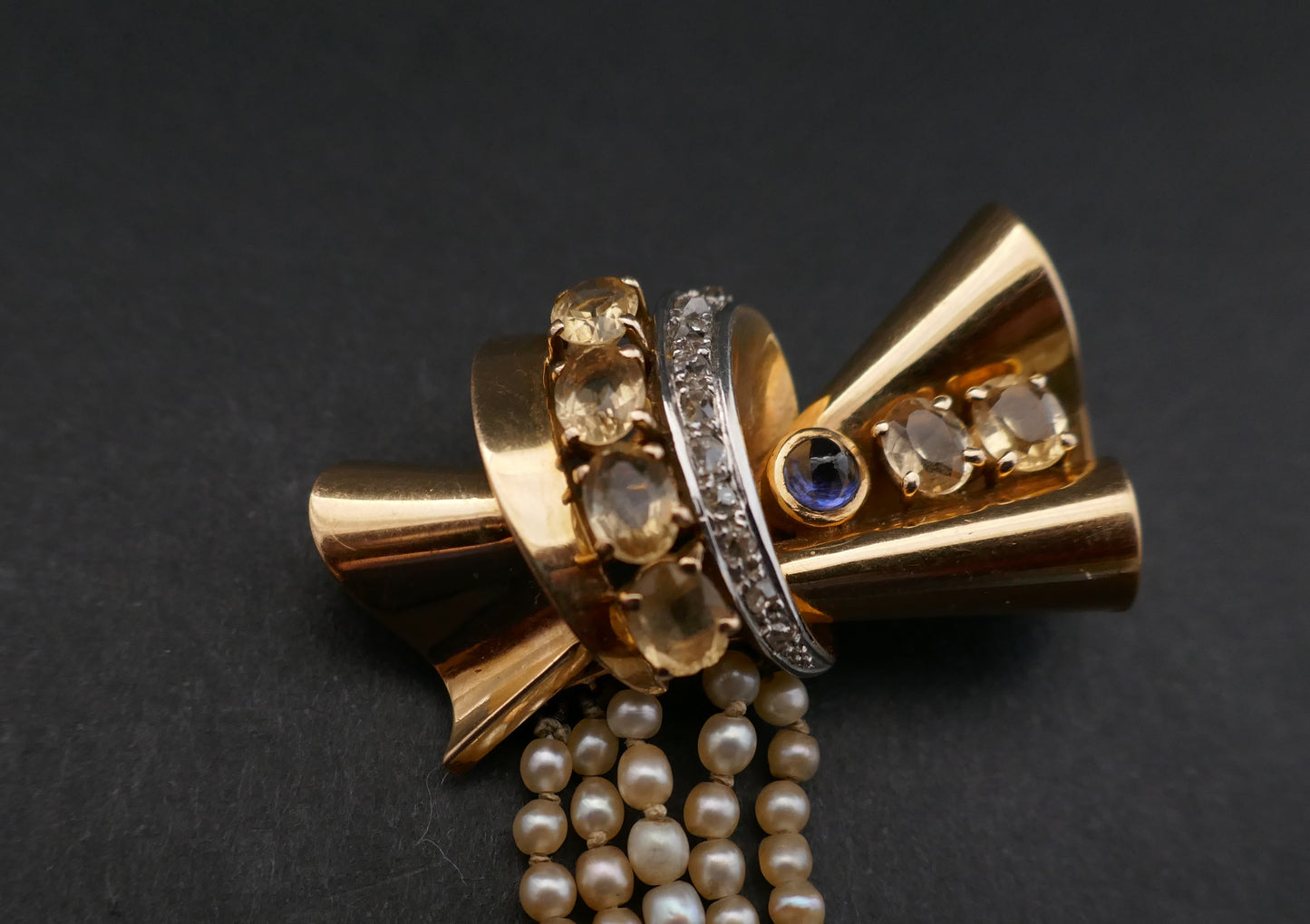 Broche Années 50' Saphir, Citrines, Diamants Et Perles