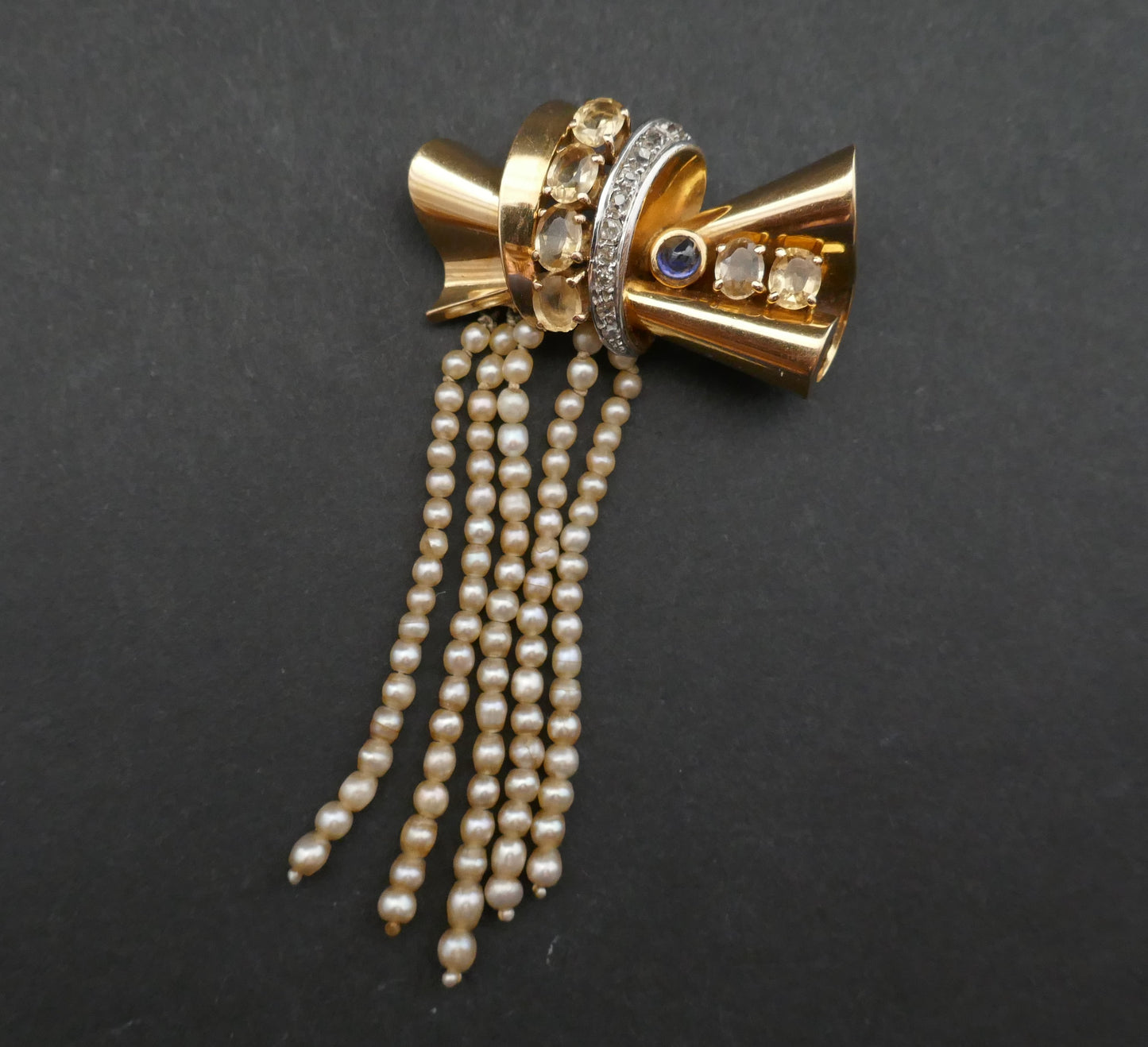 Broche Années 50' Saphir, Citrines, Diamants Et Perles