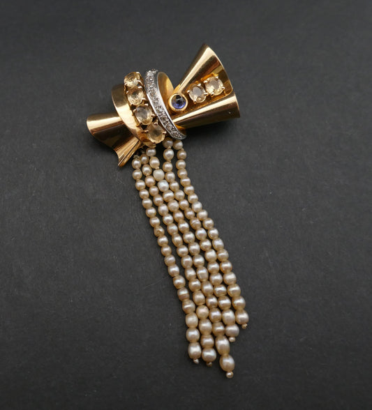 Broche Années 50' Saphir, Citrines, Diamants Et Perles