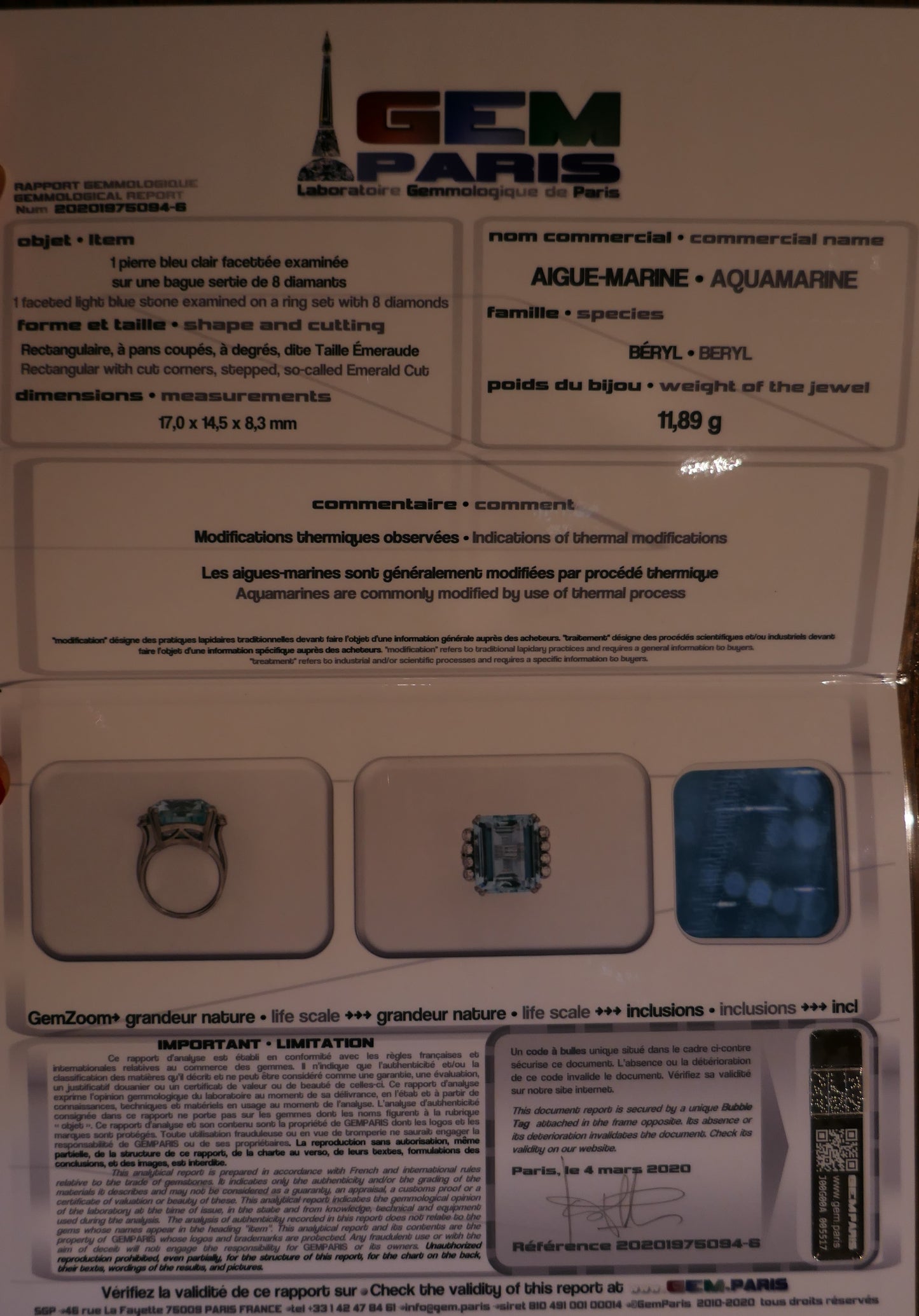 Bague Art Déco Aigue Marine certifiée, Diamants