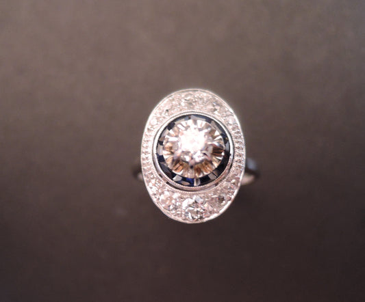 Bague Art Déco Diamant Saphirs Calibrés Et Diamants