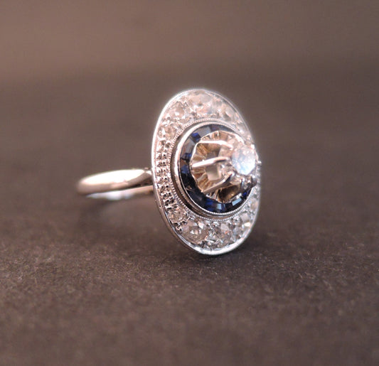Bague Art Déco Diamant Saphirs Calibrés Et Diamants