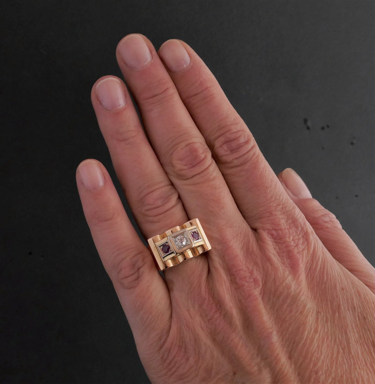 Bague Tank Diamant Et Rubis, Or 18 Carats