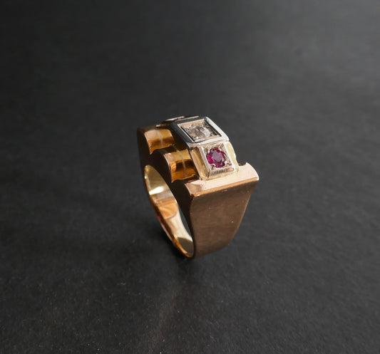 Bague Tank Diamant Et Rubis, Or 18 Carats