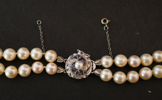 Sautoir 2 Rangs De Perles De Culture, Fermoir Saphirs