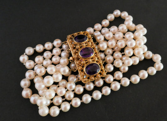 Bracelet 5 Rangs De Perles De Culture, Améthystes