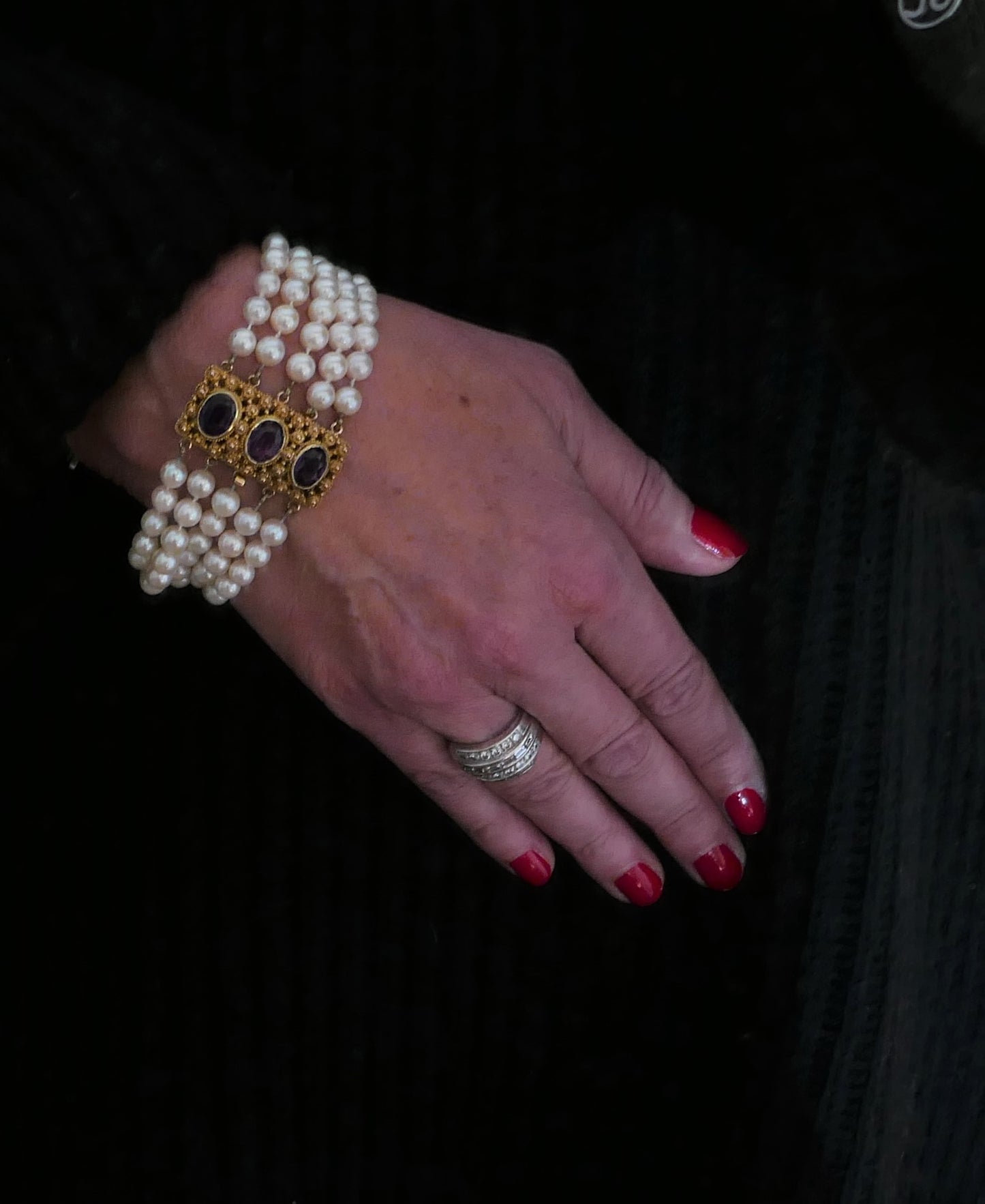 Bracelet 5 Rangs De Perles De Culture, Améthystes