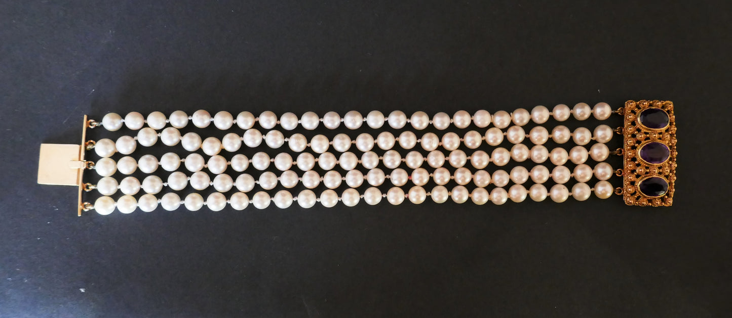 Bracelet 5 Rangs De Perles De Culture, Améthystes
