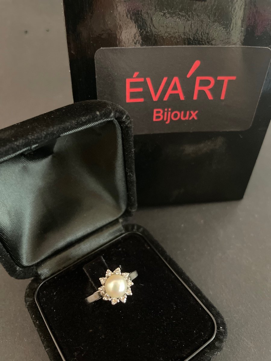 Bague Perle Et Diamants, Or Blanc 18 Carats