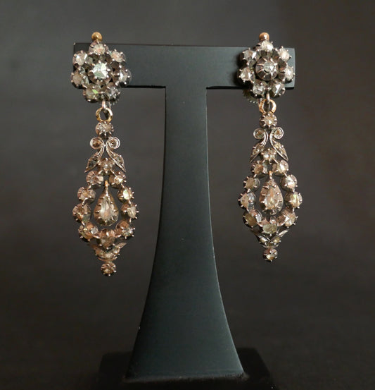 Boucles d'Oreilles XIXe Diamants, Or Et Argent