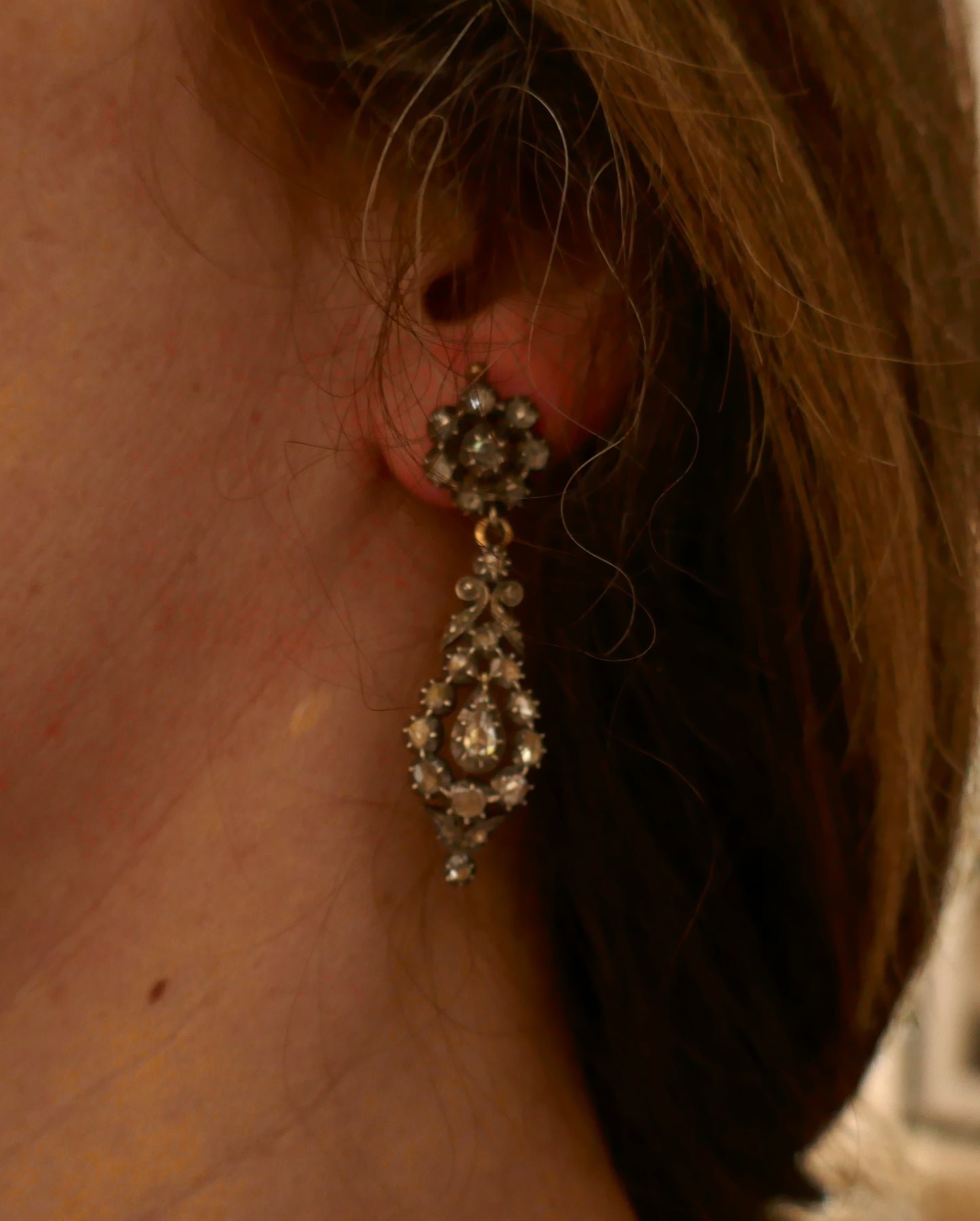 Boucles d'Oreilles XIXe Diamants, Or Et Argent